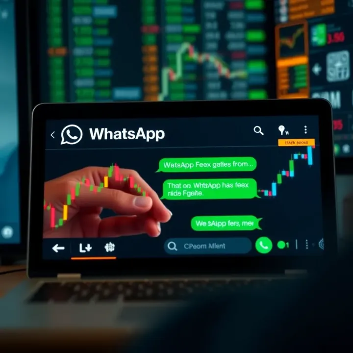 Digital device screen displaying a WhatsApp chat with forex trading discussions and market charts