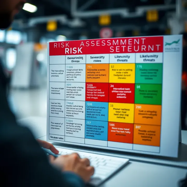 Visual representation of a risk assessment matrix highlighting severity and likelihood of various risks