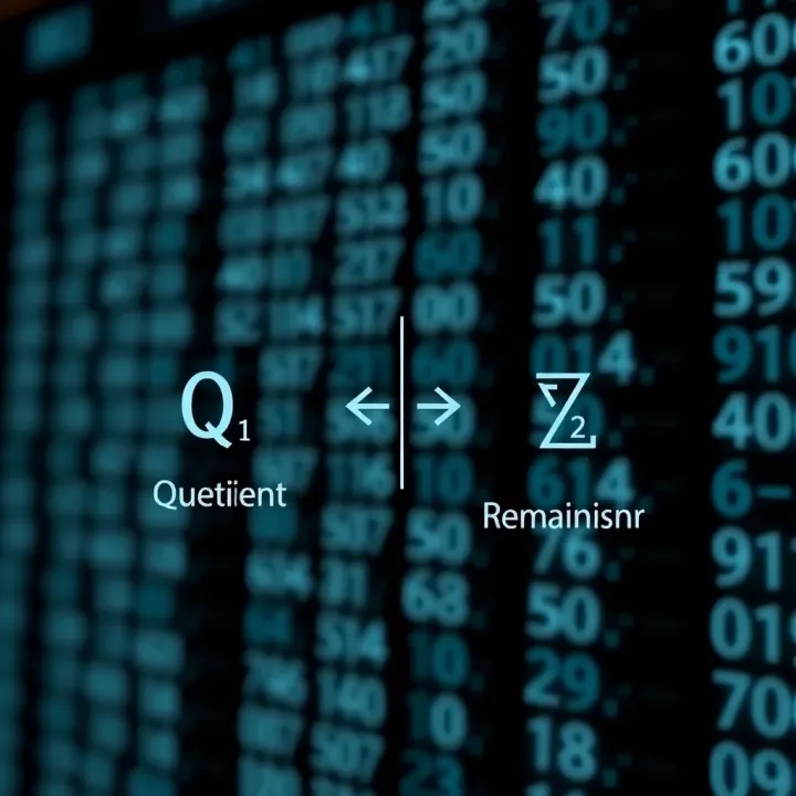 Diagram illustrating binary division with highlighted quotient and remainder components