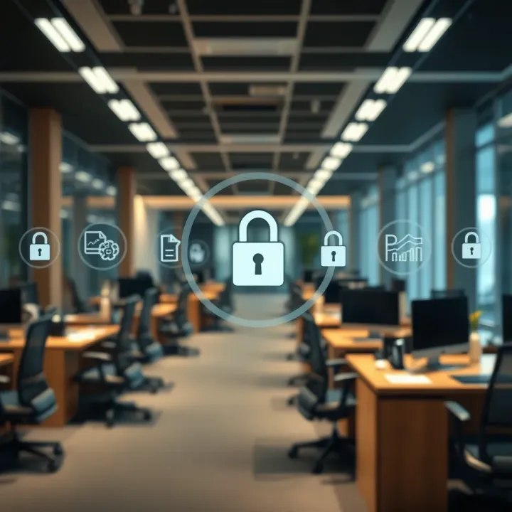 Corporate office with secure data and compliance icons representing regulatory adherence