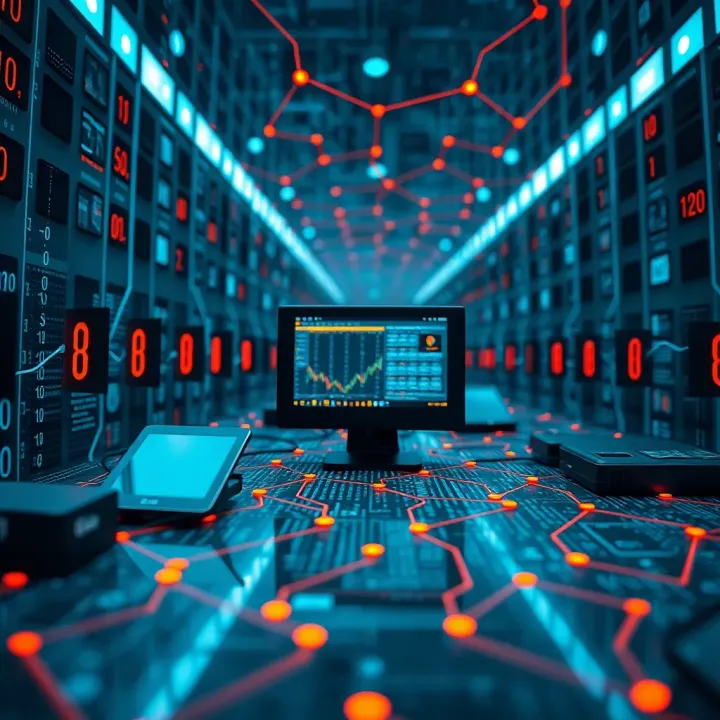 Visual representation of digital devices interconnected using binary code signals