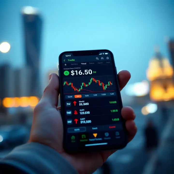 Mobile device displaying a secure trading application interface with financial charts