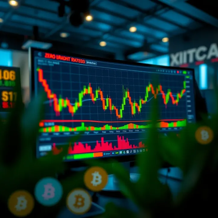 Digital screen showing stock market graphs and cryptocurrency icons